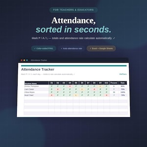 Könnte beinhalten: Eine digitale Anwesenheitsliste für Lehrer und Pädagogen. Die Benutzeroberfläche zeigt Schülernamen, tägliche Anwesenheit mit P, A oder L sowie automatische Berechnungen für Summen und Quoten. Sie enthält farbcodierte Statusanzeigen.