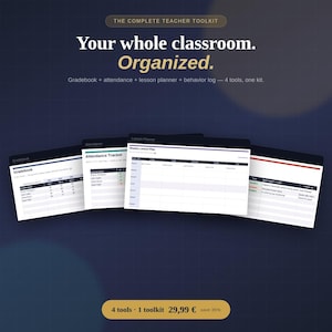 Könnte beinhalten: Ein digitales Lehrer-Toolkit mit vier Organisationswerkzeugen: Notenbuch, Anwesenheitsliste, wöchentlicher Unterrichtsplaner und Verhaltensprotokoll. Der dunkelblaue Hintergrund zeigt den Text: The Complete Teacher Toolkit. Your whole classroom. Organized.