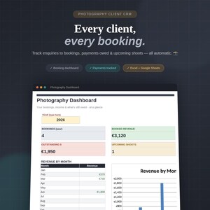 Photography Client Booking CRM Spreadsheet with Business Tracker and Payment Dashboard for Excel and Google Sheets for Wedding and Portrait