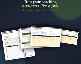 Complete Fitness Coaching Toolkit Bundle with CRM, Program Builder, Progress and Nutrition Tracker for Excel and Google Sheets