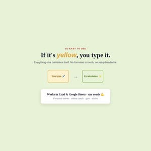 K&ouml;nnte beinhalten: Eine digitale Grafik auf hellgr&uuml;nem Hintergrund mit dem Text: SO EASY TO USE. If it's yellow, you type it. Everything else calculates itself. No formulas to touch, no setup headache. You type, It calculates. Works in Excel & Google Sheets.