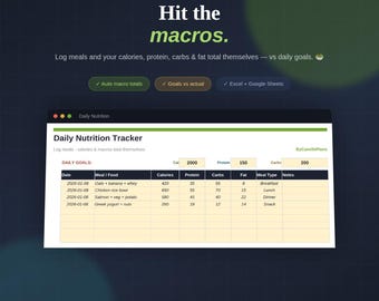 Foglio di calcolo per il monitoraggio di nutrizione e macronutrienti per personal trainer, con registrazione di calorie e pasti in Excel e Fogli Google.