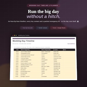 Wedding Day Timeline Spreadsheet with Hour by Hour Schedule Vendor Contacts and Emergency Kit for Excel and Google Sheets