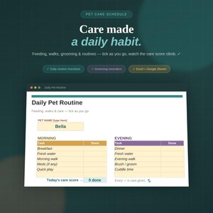 Pet Care Schedule Spreadsheet | Dog Cat Daily Routine Feeding Grooming Tracker | Excel Google Sheets Pet Planner | Multi-Pet