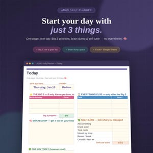 Könnte beinhalten: Eine digitale ADHS-Tagesplaner-Vorlage mit dunkelviolettem Hintergrund. Die Benutzeroberfläche enthält Abschnitte für Datum, Energie, drei Hauptprioritäten, einen Brain-Dump-Bereich, eine Aufgabenliste und eine Checkliste für die Selbstfürsorge.