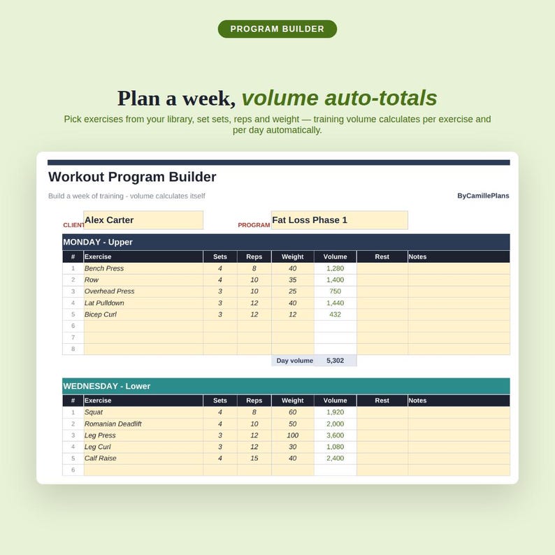 Workout Program Builder Spreadsheet for Personal Trainers with Exercise Template and Volume Tracker in Excel and Google Sheets Bild 3