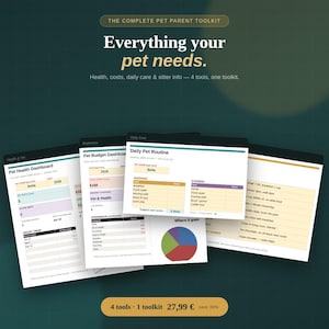 Könnte beinhalten: Ein digitales Haustier-Toolkit mit vier Vorlagen: Gesundheits-Dashboard, Budget-Dashboard, tägliche Routine und Sitter-Informationen. Der Text lautet: THE COMPLETE PET PARENT TOOLKIT, Everything your pet needs, 4 tools, 1 toolkit.