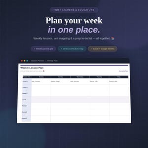 Könnte beinhalten: Eine digitale Wochenplanvorlage für den Unterricht auf dunkelblauem Hintergrund. Der Text lautet: FOR TEACHERS & EDUCATORS, Plan your week in one place. Weekly lessons, unit mapping & a prep to-do list. Enthält ein wöchentliches Periodenraster.