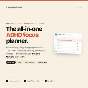 ADHD Daily Planner Spreadsheet Brain Dump with Auto Task Triage Priority Matrix Dopamine Menu and Focus Timer for Excel Google Sheets