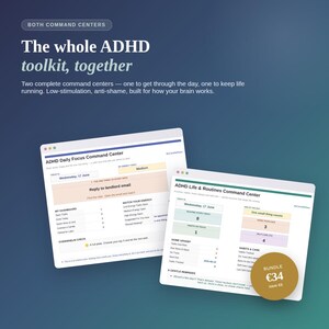 Könnte beinhalten: Zwei digitale Befehlszentralen-Oberflächen auf einem dunkelblauen Verlaufs-Hintergrund. Der Text lautet: Both Command Centers, The whole ADHD toolkit, together, ADHD Daily Focus Command Center und ADHD Life & Routines Command Center.