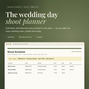 Wedding Photographer Shot List and Day Of Timeline Spreadsheet with Call Times and Client Contacts for Excel Google Sheets