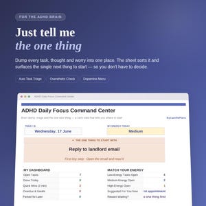 Könnte beinhalten: Eine digitale ADHD Daily Focus Command Center Planer-Oberfläche auf dunkelblauem Hintergrund. Der Text lautet: For the ADHD Brain, Just tell me the one thing, Auto Task Triage, Overwhelm Check, Dopamine Menu und ADHD Daily Focus Command Center.