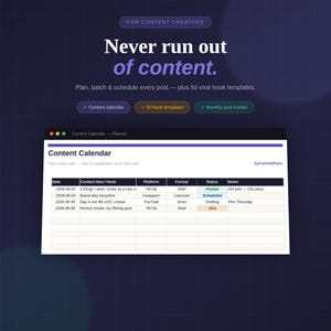 Könnte beinhalten: Eine digitale Inhaltskalender-Planungsoberfläche mit einer Tabelle, die Spalten für Datum, Inhaltsidee, Plattform, Format, Status und Notizen enthält. Der Text lautet "Never run out of content" und "Plan, batch & schedule every post — plus 50 viral hook templates" auf einem dunkelvioletten Hintergrund.