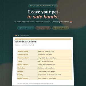 Pet Sitter Instructions Template | Dog Cat Emergency Info Sheet | Printable Pet Care Spreadsheet Excel Google Sheets | Multi-Pet