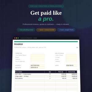 Könnte beinhalten: Eine digitale Rechnungsvorlage für UGC-Ersteller und Freiberufler mit dem Text Get paid like a pro. Das Dokument enthält Felder für Absender- und Kundendaten, Rechnungsnummer, Datum, Fälligkeitsdatum und eine Tabelle für die Abrechnung in Euro.
