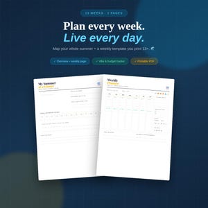 Planificador semanal de verano imprimible con 13 semanas de páginas de planificación, descarga instantánea en PDF. Diario de verano 2026.