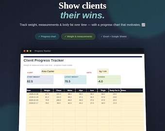 Foglio di calcolo per il monitoraggio dei progressi nel fitness, con peso e misure del cliente del personal trainer e grafico della composizione corporea, disponibile in Excel e Google Sheets.