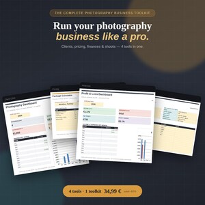 Könnte beinhalten: Ein digitales Toolkit für Fotografie-Unternehmen mit Dashboard, Paketkalkulator, Gewinn- und Verlustrechnung sowie Kontaktliste. Der Text lautet: The Complete Photography Business Toolkit, Run your photography business like a pro.