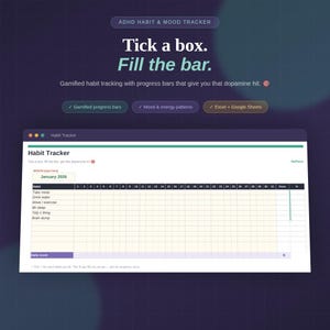 May include: A digital ADHD habit and mood tracker spreadsheet interface displayed on a dark purple background. The layout features a monthly grid for January 2026 with columns for daily habits, progress bars, and a daily score section for tracking.