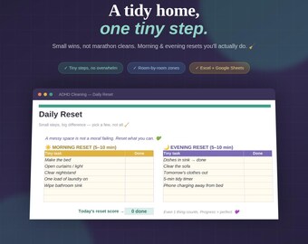 ADHD Cleaning Checklist Spreadsheet with Daily Reset and Room by Room Schedule, a Neurodivergent Home Routine for Excel and Google Sheets