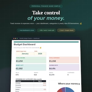 Op de afbeelding: Een digitale budgettracker-interface op een donkergroene achtergrond met de tekst Personal Finance Made Simple en Take control of your money. Het dashboard toont velden voor maand, jaar, totaal inkomen, uitgaven en uitgavencategorieën.