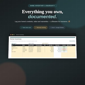 Könnte beinhalten: Eine digitale Haushaltsinventar-Tabellenvorlage auf dunklem Hintergrund. Der Text lautet Home Inventory & Warranty, Everything you own, documented. Log your home's contents, value and warranties. Die Tabelle enthält Spalten für Artikel, Raum, Marke, Modell, Kaufdatum, Menge, Einzelwert, Gesamtwert, Garantiestatus und Notizen.