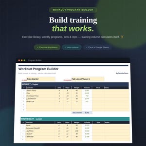May include: A digital workout program builder interface displayed on a dark background. The screen shows a spreadsheet-style layout with columns for exercises, sets, reps, weight, and volume, featuring sections for Monday Upper and Wednesday Lower body training.