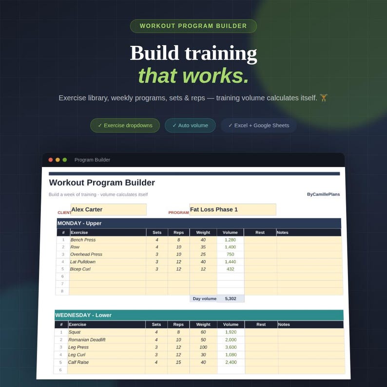K&ouml;nnte beinhalten: Eine digitale Benutzeroberfl&auml;che zur Erstellung von Trainingsprogrammen auf dunklem Hintergrund. Der Bildschirm zeigt ein tabellenartiges Layout mit Spalten f&uuml;r &Uuml;bungen, S&auml;tze, Wiederholungen, Gewicht und Volumen sowie Abschnitte f&uuml;r Ober- und Unterk&ouml;rpertraining.
