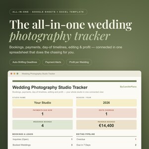 Könnte beinhalten: Eine All-in-One-Vorlage für Hochzeitsfotografie-Tracking für Google Sheets und Excel. Die Benutzeroberfläche zeigt ein Dashboard mit Studio-Name, Saison, Zahlungsstatus, überfälligen Bearbeitungen, gebuchten Hochzeiten und 14.400 € Umsatz.