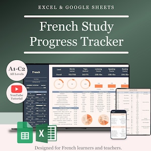 Puede incluir: Un rastreador digital de progreso de estudio de francés para Excel y Google Sheets mostrado en una computadora portátil, tableta y teléfono inteligente. La interfaz presenta tablas de datos, barras de progreso y gráficos circulares.