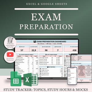 Planilha de Acompanhamento de Preparação para Exames em Excel - Modelo do Google Sheets | Planejador de Progresso de Estudos (Download Digital)