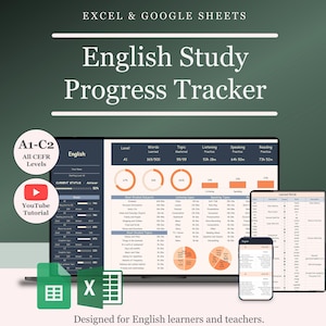 Puede incluir: Un rastreador de progreso de estudio de inglés para Excel y Google Sheets en una computadora portátil, tableta y teléfono inteligente. La interfaz muestra gráficos de progreso, niveles A1-C2 y métricas. Incluye iconos de software de hojas de cálculo.