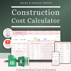 May include: A digital Construction Cost Calculator template for Excel and Google Sheets displayed on a laptop, tablet, and smartphone screen. The interface features pink and white data tables, charts, and text including "Construction Cost Calculator".