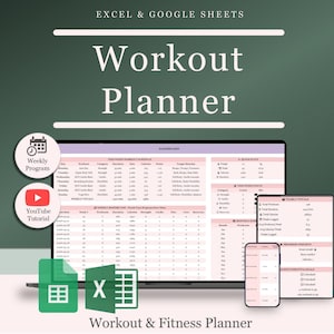 Pode incluir: Um planejador de exercícios digital para Excel e Google Sheets exibido em um laptop, tablet e smartphone. A interface apresenta tabelas para horários semanais, estatísticas de condicionamento físico e acompanhamento de progresso.