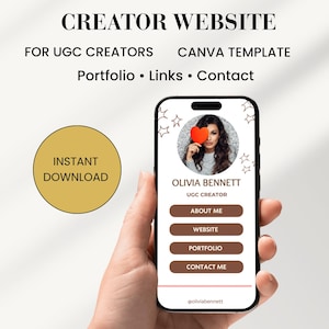 Puede incluir: Un teléfono inteligente que muestra una plantilla de Canva para un sitio web de creador. La pantalla presenta una foto de perfil de una persona sosteniendo un corazón rojo, el nombre Olivia Bennett y botones etiquetados como About Me, Website, Portfolio y Contact Me.