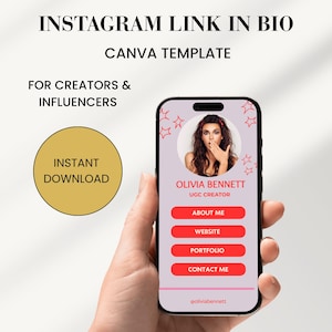 Puede incluir: Un teléfono inteligente que muestra una plantilla digital de Canva para enlaces en la biografía con fondo morado claro, estrellas rojas y botones rojos etiquetados como About Me, Website, Portfolio y Contact Me. Incluye INSTANT DOWNLOAD.