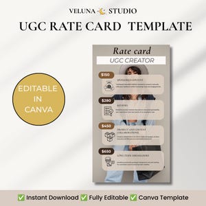 Può includere: Un modello digitale di tariffario UGC con il testo VELUNA STUDIO UGC RATE CARD TEMPLATE e EDITABLE IN CANVA. Il documento elenca livelli di servizio tra cui Sponsored Content, Reviews, Product Collaborations e Long-Term Ambassadors.