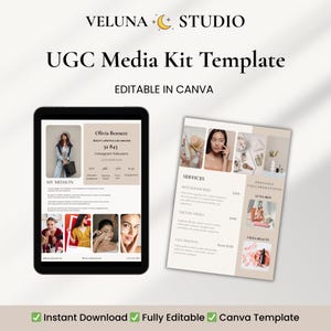 Puede incluir: Una plantilla digital de kit de medios UGC de Veluna Studio, editable en Canva. La plantilla incluye secciones para seguidores de Instagram, servicios y colaboraciones anteriores. El diseño presenta una paleta de colores neutros con imágenes y texto.