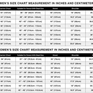 May include: A size chart for men's and women's clothing, displaying measurements in inches and centimeters. The chart includes jacket chest, waist, shoulder, sleeves, and length measurements for various sizes, from XS to XXXXL.