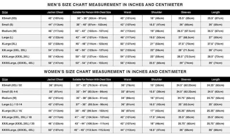 May include: A size chart for men's and women's clothing, displaying measurements in inches and centimeters. The chart includes jacket chest, waist, shoulder, sleeves, and length measurements for various sizes, from XS to XXXXL.