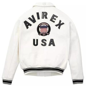 May include: White jacket with black and white striped trim and the text "AVIREX USA" on the back. The jacket features a patch with the American flag and the words "ALL AMERICANS ESTABLISHED 1975".