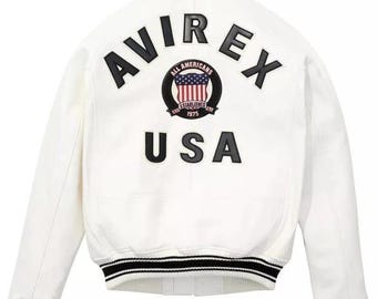 Avirex USA White Varsity Bomber Leather Jacket