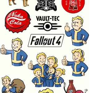 May include: A collection of Fallout 4 themed stickers featuring a German Shepherd, a power armor helmet, Nuka-Cola bottle caps, the Vault-Tec logo, the Fallout 4 title, Vault Boy giving a thumbs up or middle finger, a Vault family, and cartoon characters.