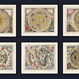 Könnte beinhalten: Ein Set aus sechs gerahmten Drucken im antiken Stil mit detaillierten himmlischen und astronomischen Diagrammen. Jeder Druck zeigt kreisförmige Karten, Planetenbahnen und komplexe Illustrationen von Sternbildern in gedeckten Erdtönen.