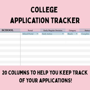 May include: A digital college application tracker spreadsheet on a light pink background. The header reads COLLEGE APPLICATION TRACKER. The table includes columns for SCHOOL, Portal, Early/Regular Decision, Category, and Status. Text below reads 20 COLUMNS TO HELP YOU KEEP TRACK OF YOUR APPLICATIONS!