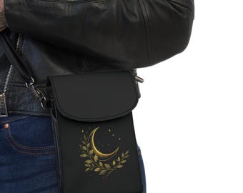 Celestial Moon Phone Wallet Crossbody | Black & Gold Crescent Moon Floral Phone Purse | Boho Faux Leather Wallet Bag Gift for Women