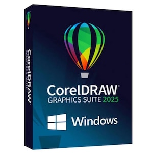 Op de afbeelding: Een rechthoekige softwaredoos voor CorelDRAW Graphics Suite 2025. De donkerblauwe verpakking bevat een kleurrijke heteluchtballonafbeelding, de tekst CorelDRAW Graphics Suite 2025 en het Windows-logo in de onderste hoek.