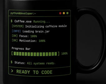 Ready to Code coffee mug | Programmer terminal design, black ceramic mug