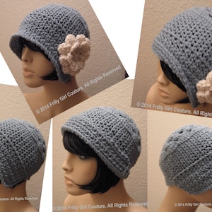 May include: A pale blue crocheted cloche hat with a small brim, adorned with a cream-coloured flower. The hat is handmade. The text "&copy; 2014 Frilly Girl Couture. All Rights Reserved" is visible.