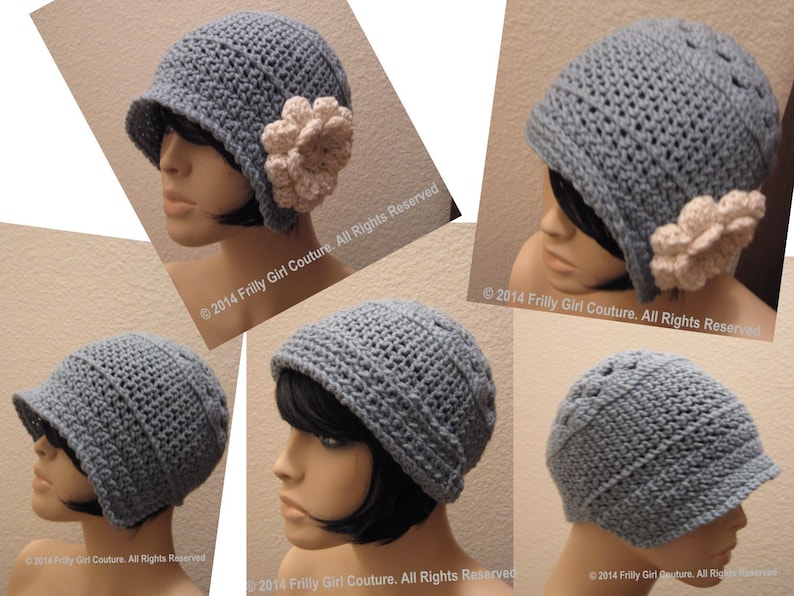 May include: A pale blue crocheted cloche hat with a small brim, adorned with a cream-coloured flower. The hat is handmade. The text "&copy; 2014 Frilly Girl Couture. All Rights Reserved" is visible.